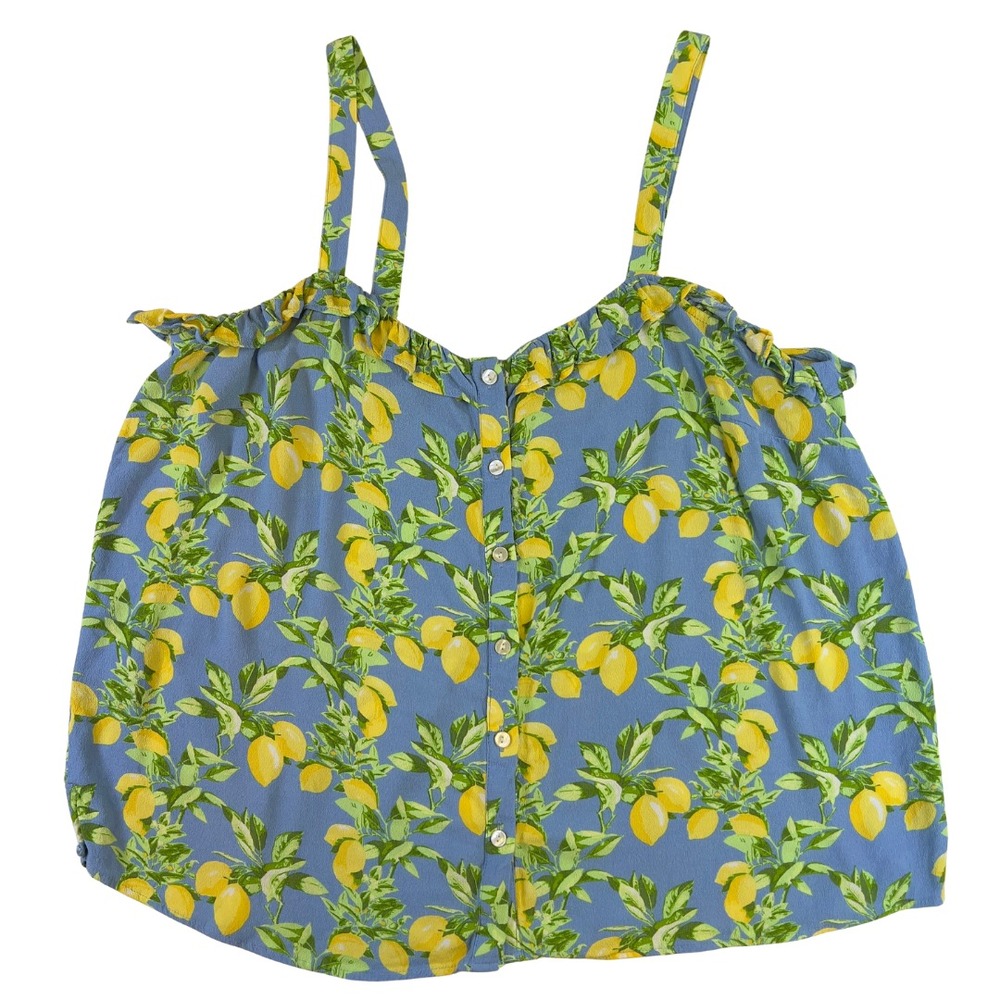 LOFT Women's Blue Lemon Print Button Front Tank Top Size M Summer Sleeveless